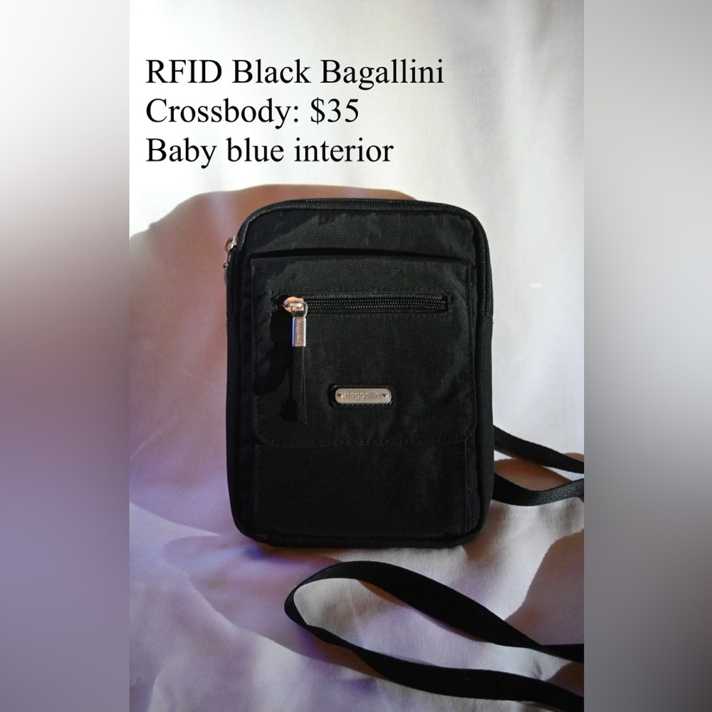 RFID Black Baggallini Crossbody Purse, baby blue interior